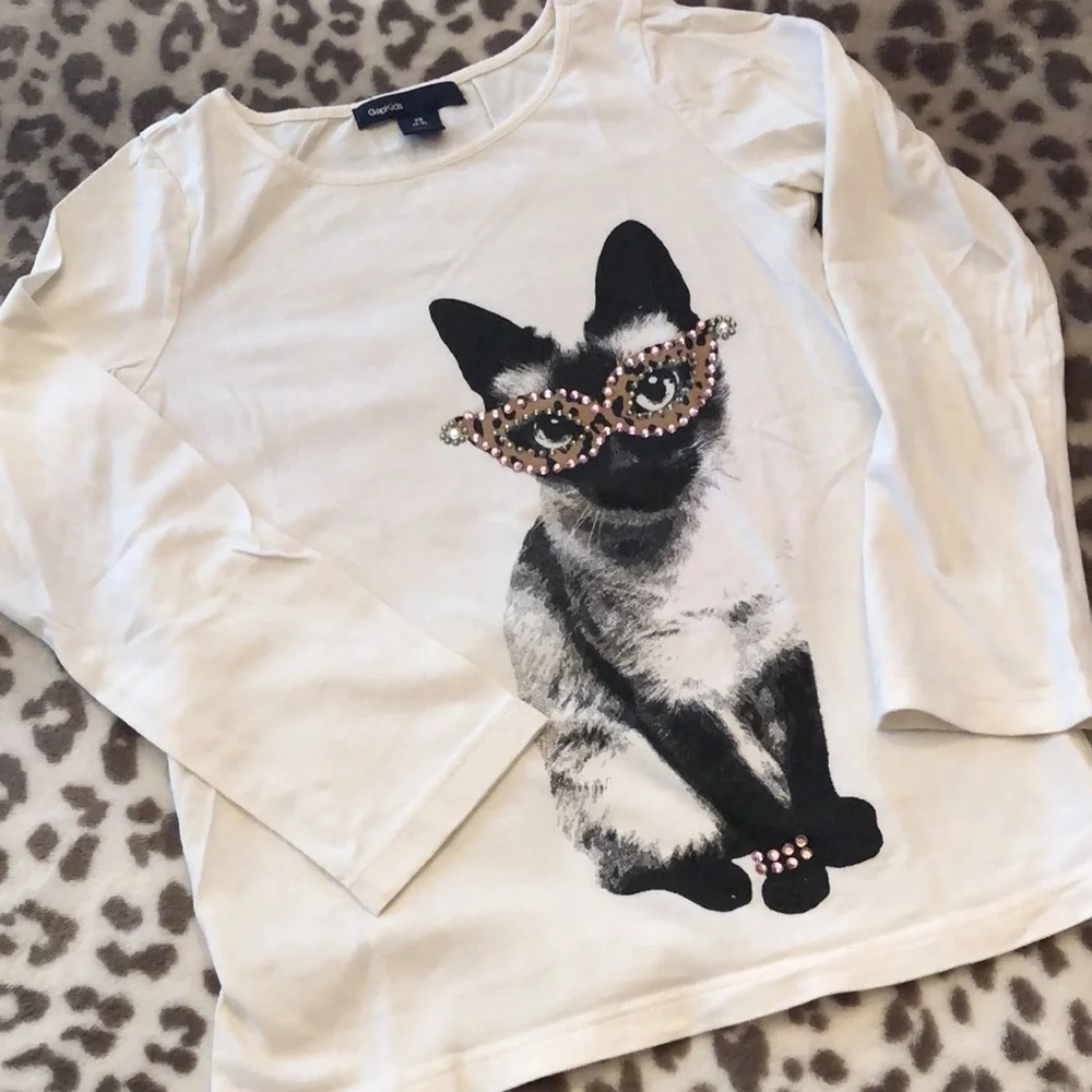 2011 GapKids Cream Cat Graphic Long Sleeve Top Jewels Size XS 4 5 Girls